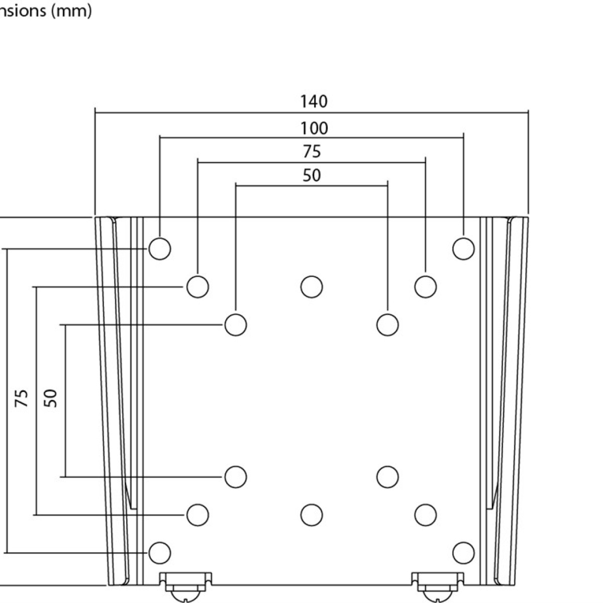 Disegno tecnico di un contenitore con dimensioni e fori.
