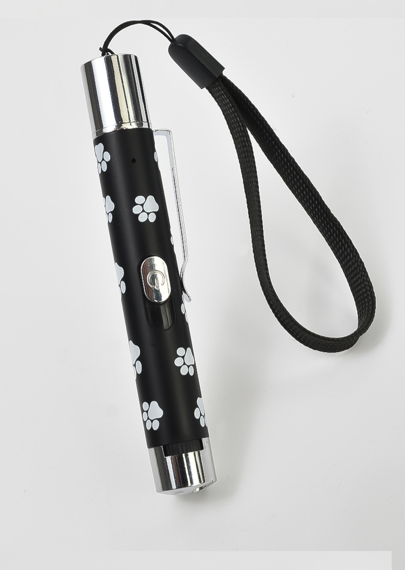 Schwarzer Laserpointer mit Pfotenabdruckmuster und Handschlaufe.