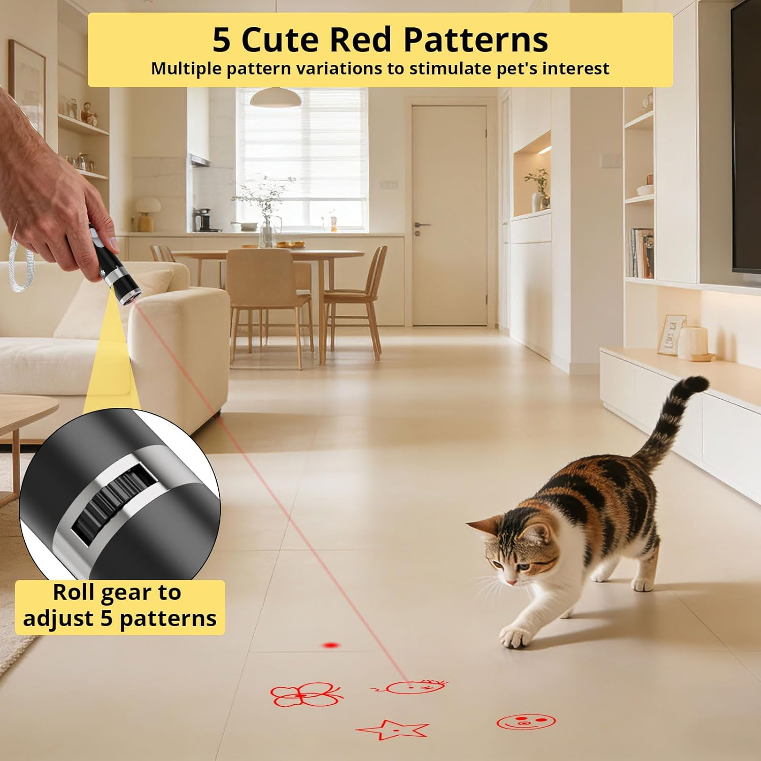 Katze jagt rote Muster auf dem Boden, die von einem Laserpointer projiziert werden.