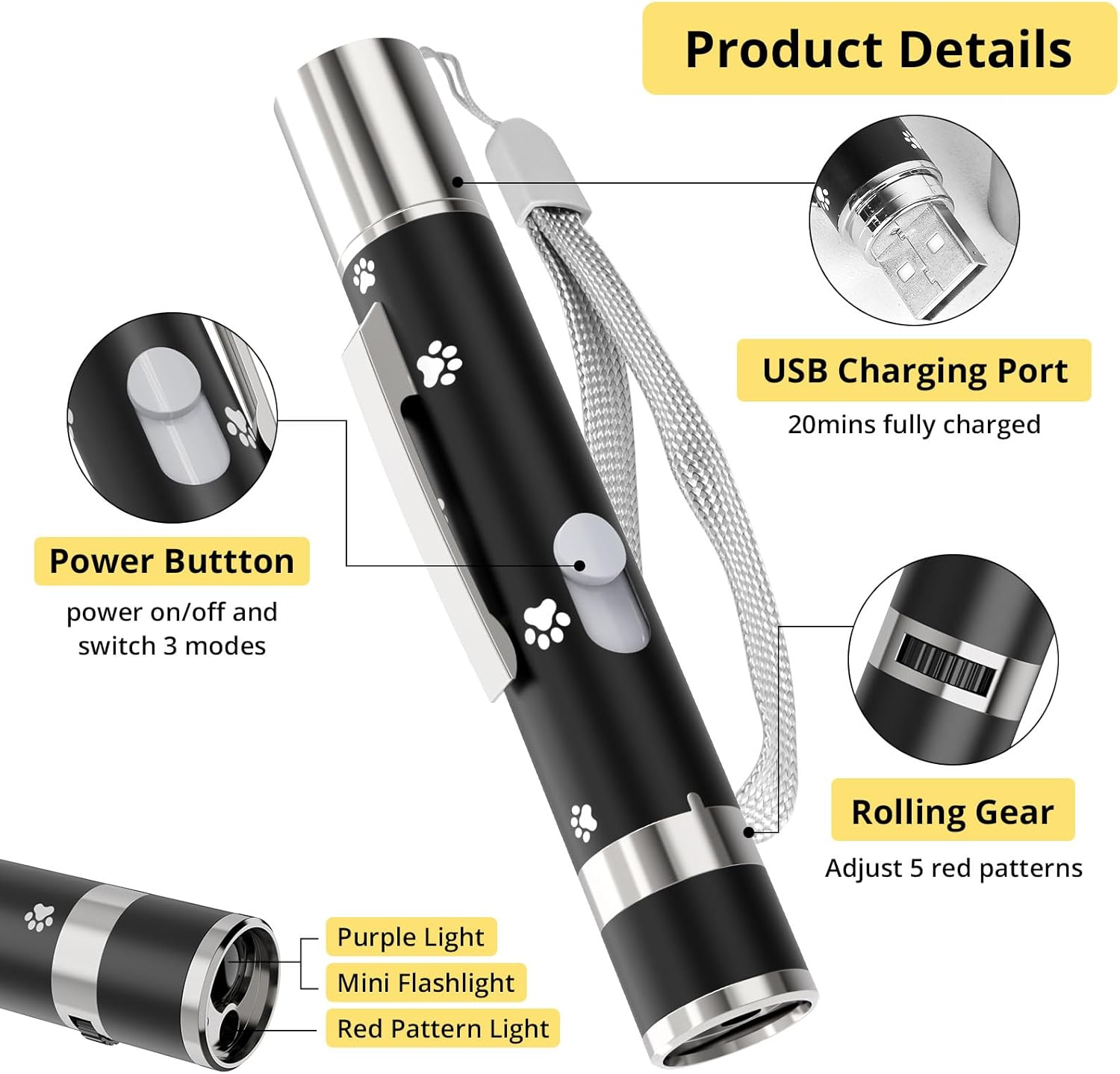 Schwarzer Laserpointer mit Pfotenabdrücken, USB-Anschluss, Power-Knopf und Rollrad.
