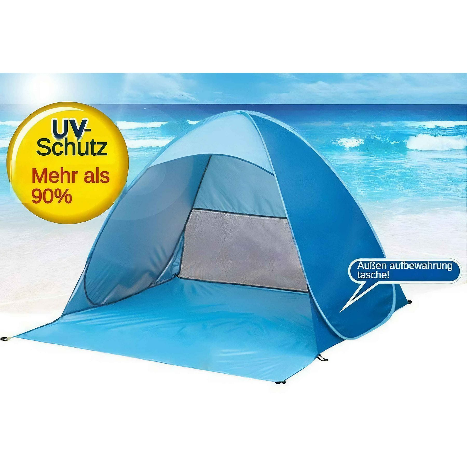 Ein blaues Strandzelt mit UV-Schutz-Aufkleber auf einem Strand mit Wellen.