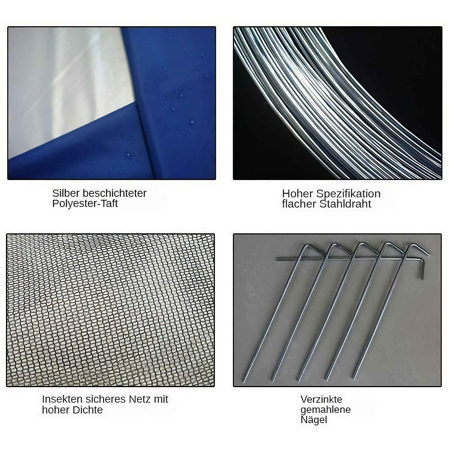 Vier Detailaufnahmen von Zeltmaterialien: Stoff, Draht, Netz und Heringe.