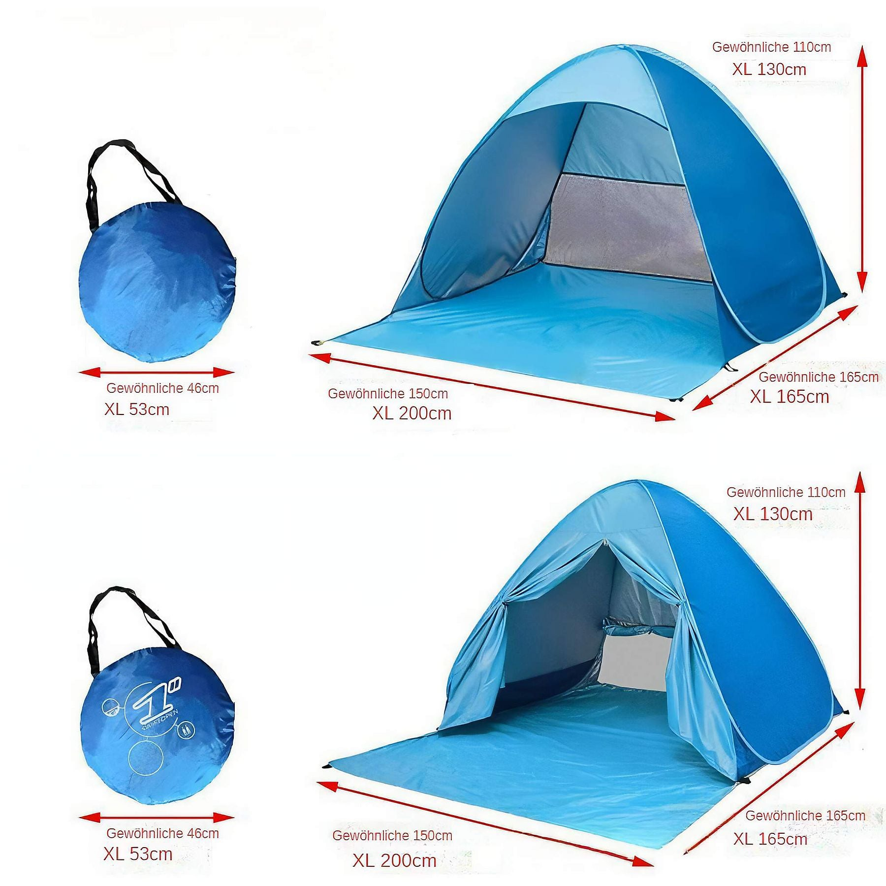Blaue Zelte im Freien, eines zusammengeklappt, eines geöffnet, mit Größenangaben.
