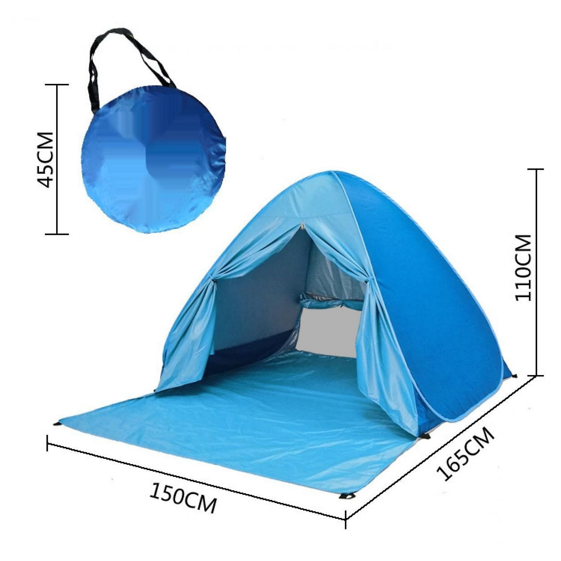 Ein blaues Pop-up-Zelt mit einer Bodenplane und einem zusammengeklappten Zelt.