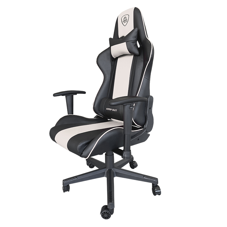 Sedia da gaming nera e crema con poggiatesta e cuscino lombare.