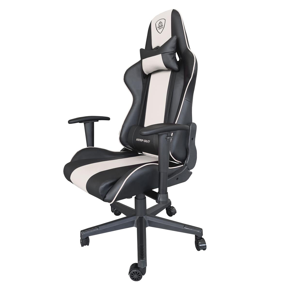 Una sedia da gaming nera e bianca con poggiatesta e cuscino lombare.