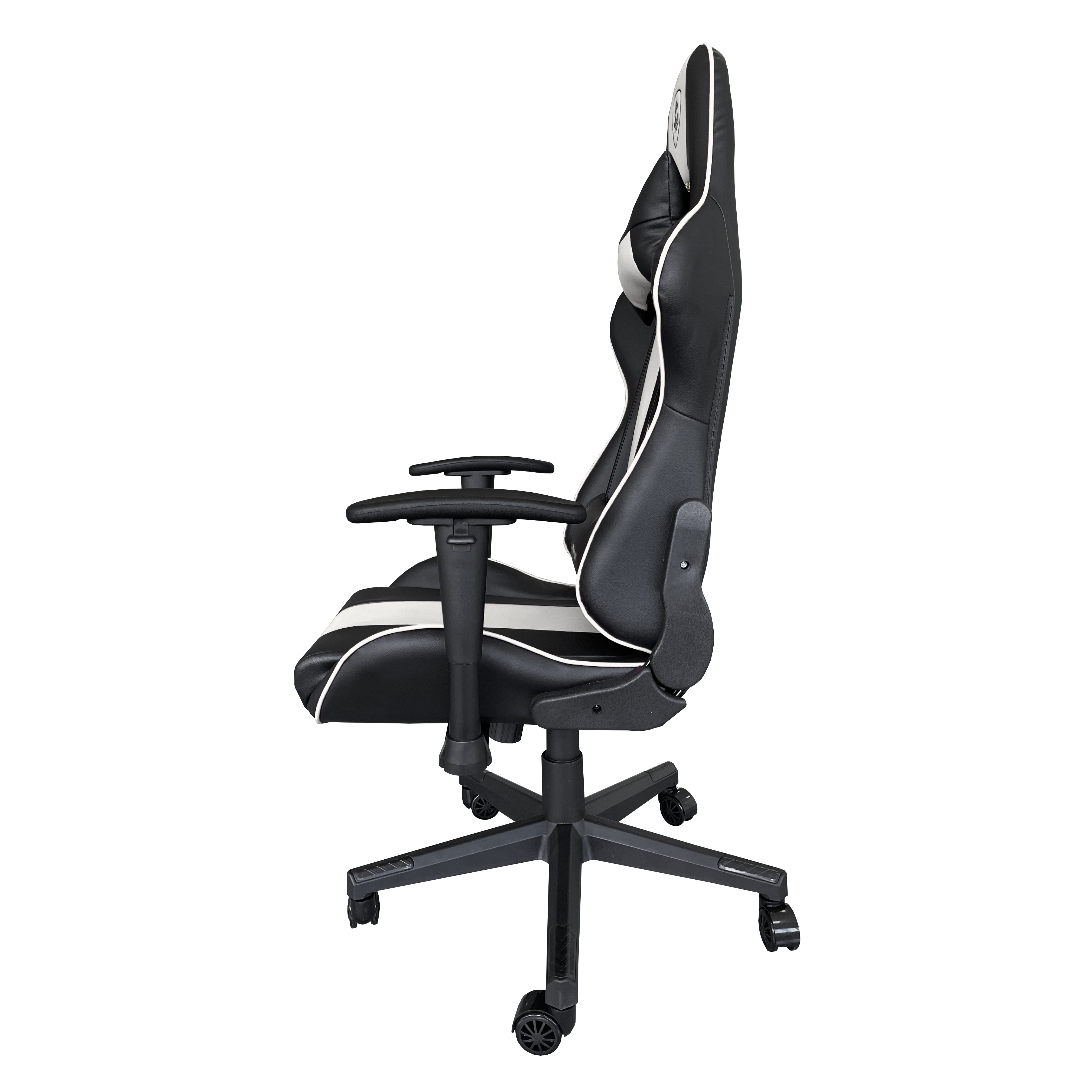 Una sedia da gaming nera e bianca con ruote e braccioli regolabili.