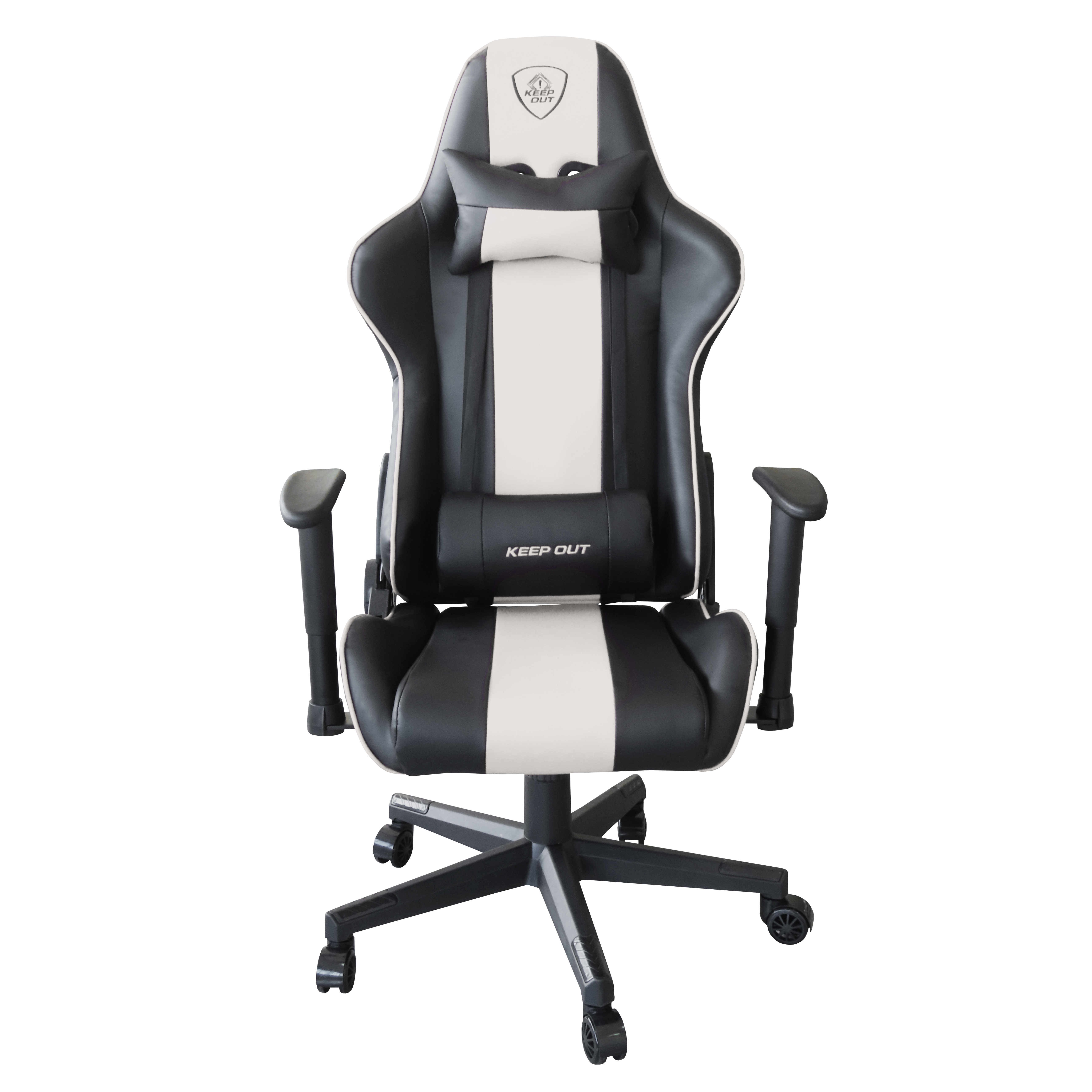 Una sedia da gaming bianca e nera con braccioli e ruote.