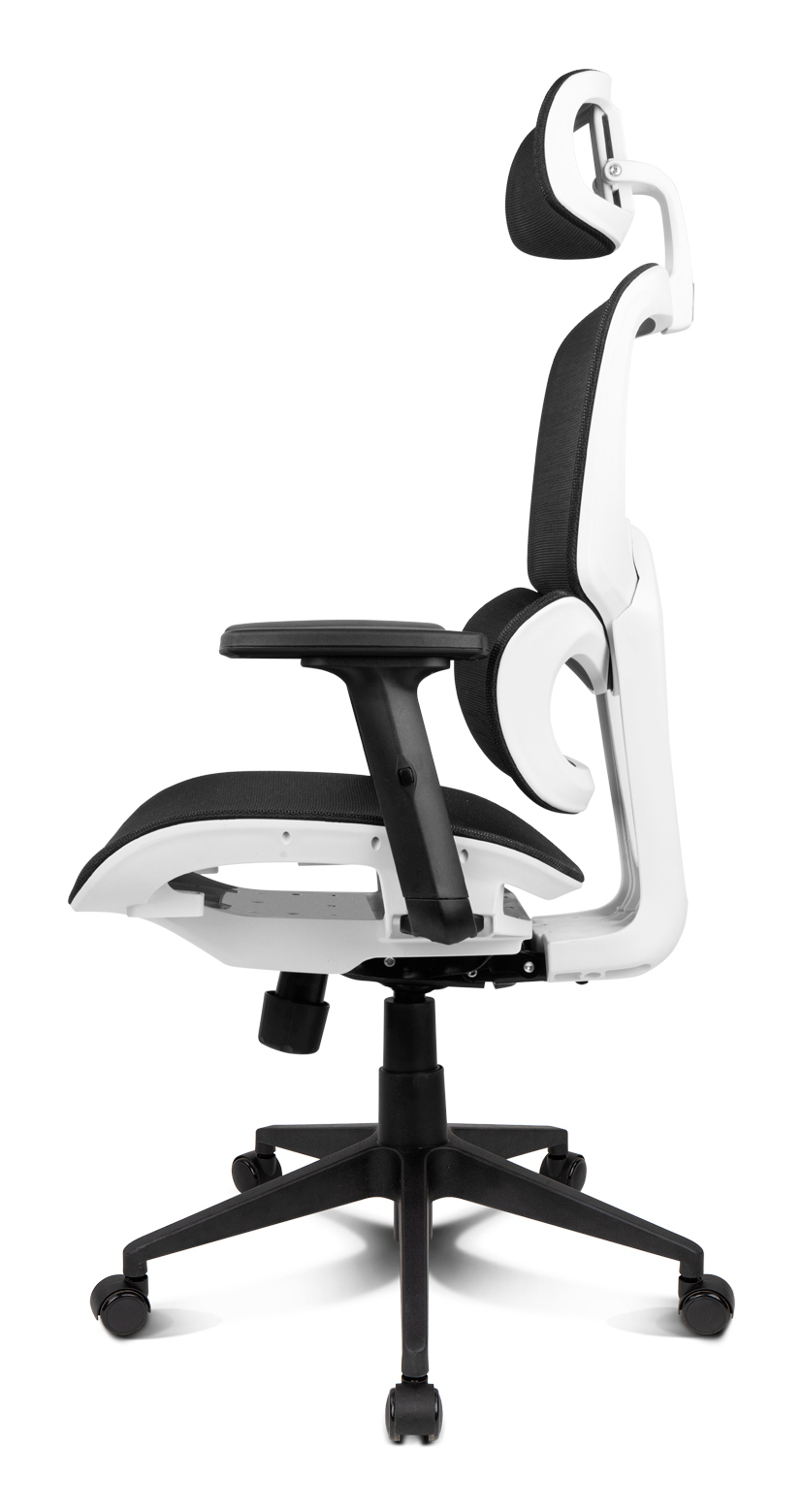 Una moderna silla de oficina ergonómica blanca y negra con reposacabezas.