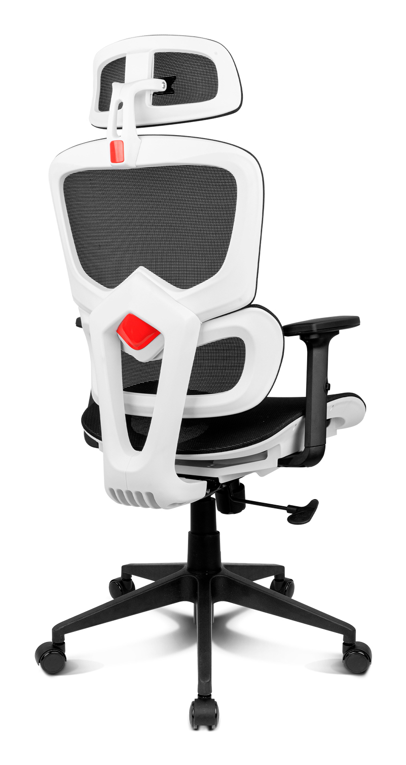 Silla de oficina con marco blanco, malla negra y detalle rojo.