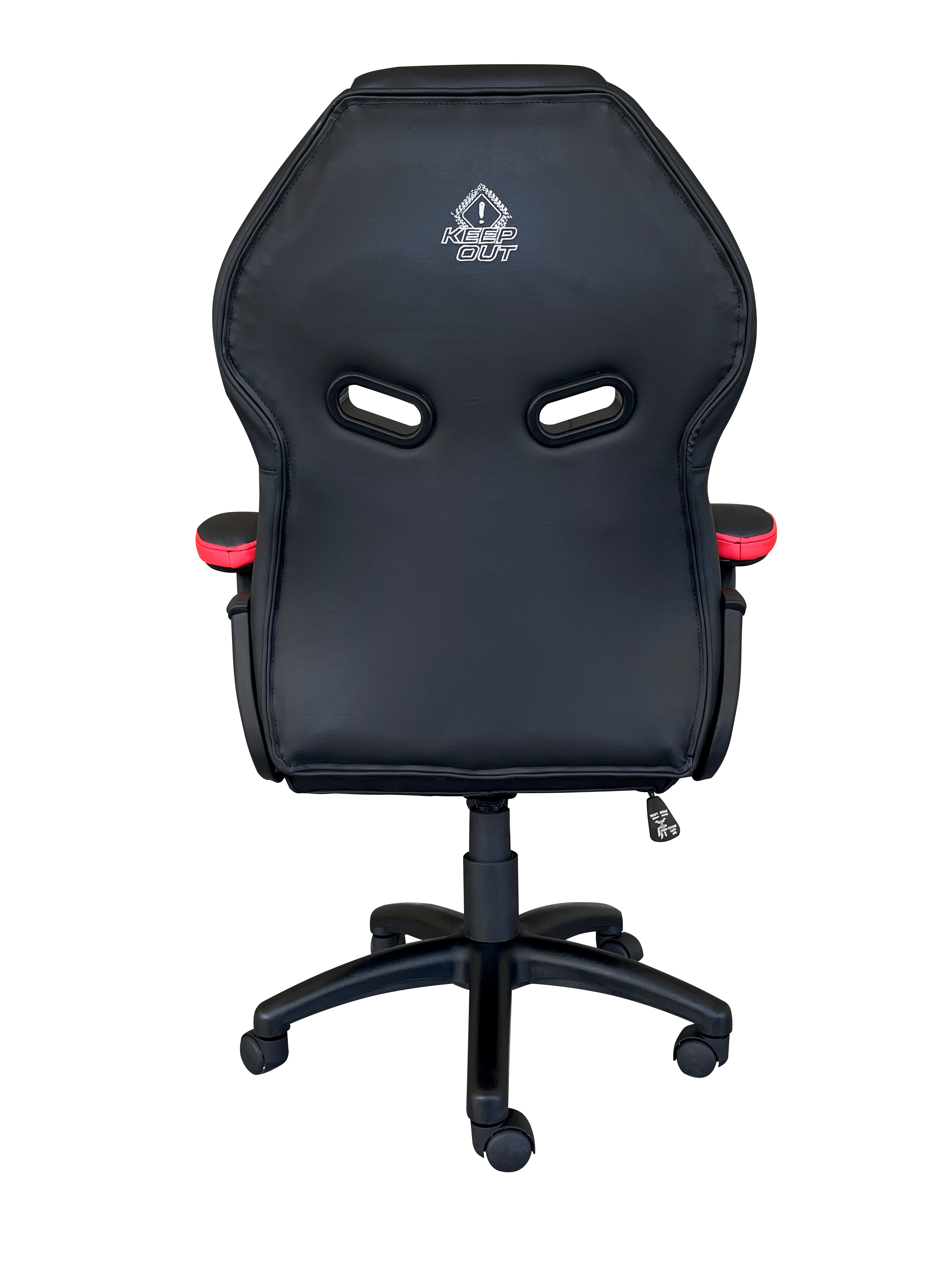 Sedia da gaming nera con imbottitura rossa sui braccioli e logo bianco.