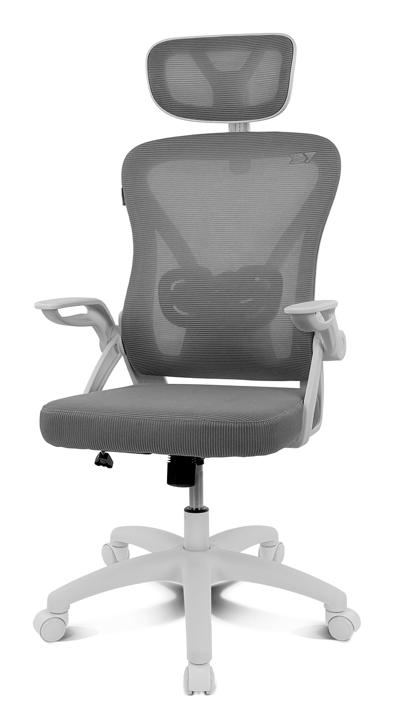 Silla de oficina de malla gris con reposacabezas ajustable y marco blanco.