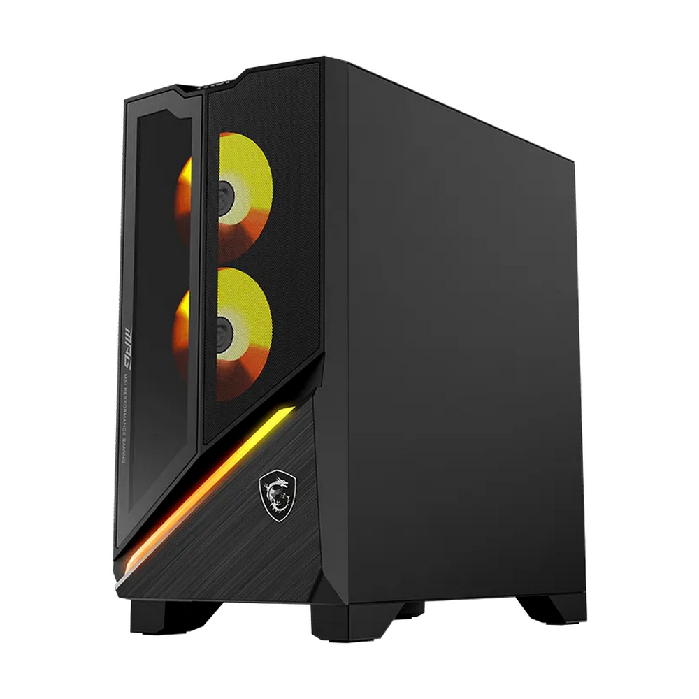 Case PC nero con ventole e logo illuminati.