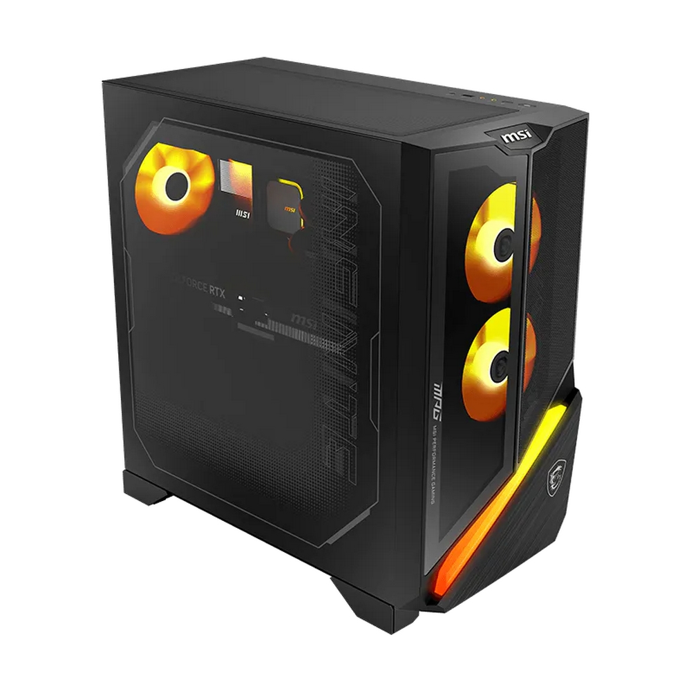Case PC MSI nero con ventole arancioni illuminate e accenti RGB.