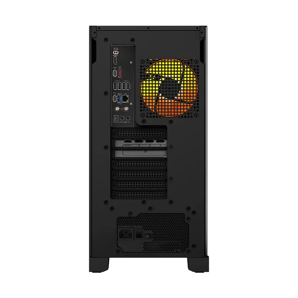 Retro di un PC nero con ventola arancione e porte.