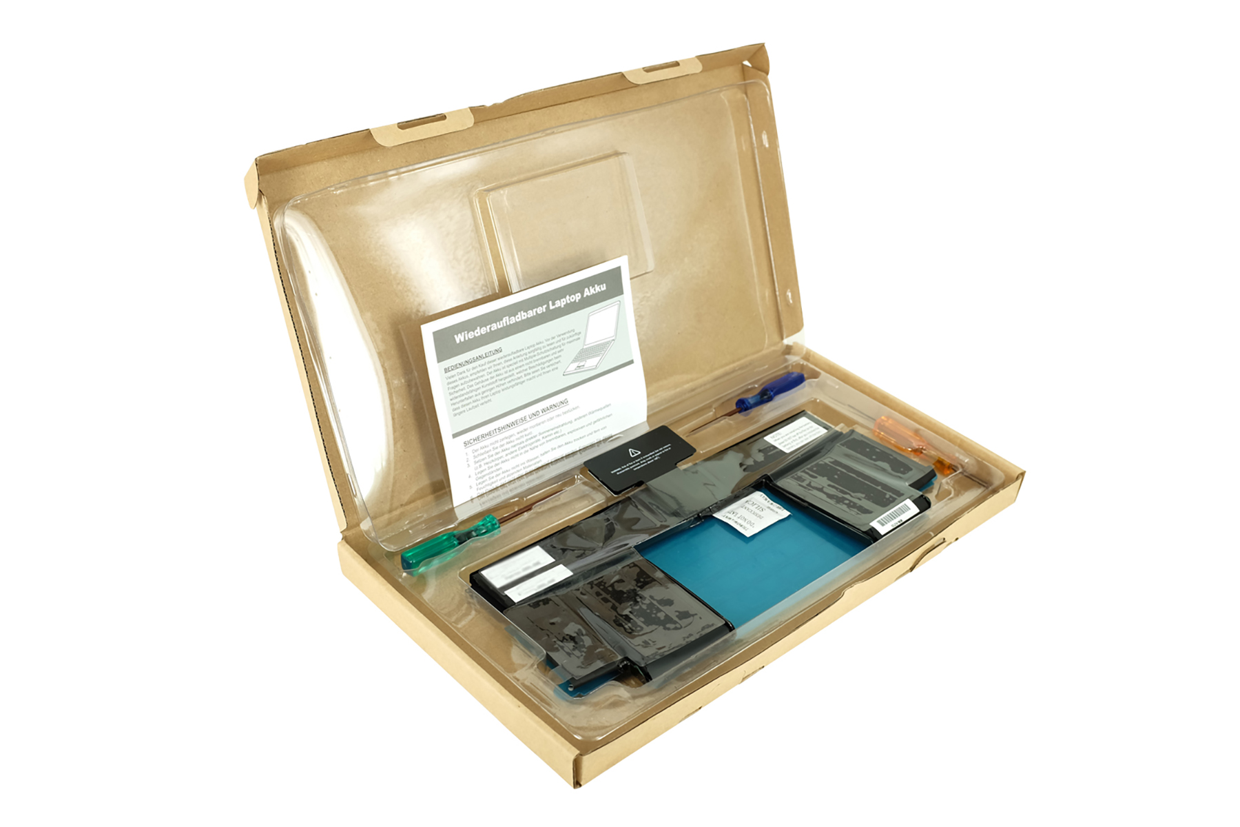 Ein Laptop-Akku-Kit mit Werkzeugen liegt in einer Pappverpackung.