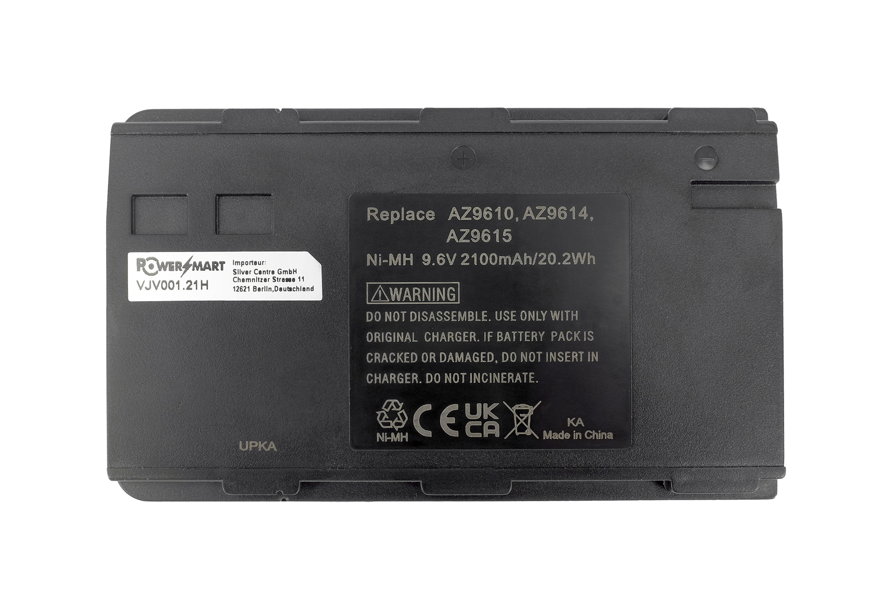 Schwarzer Akku mit Aufkleber: Power Mart, VJV001.21H, Warnhinweis, Ni-MH 9.6V.