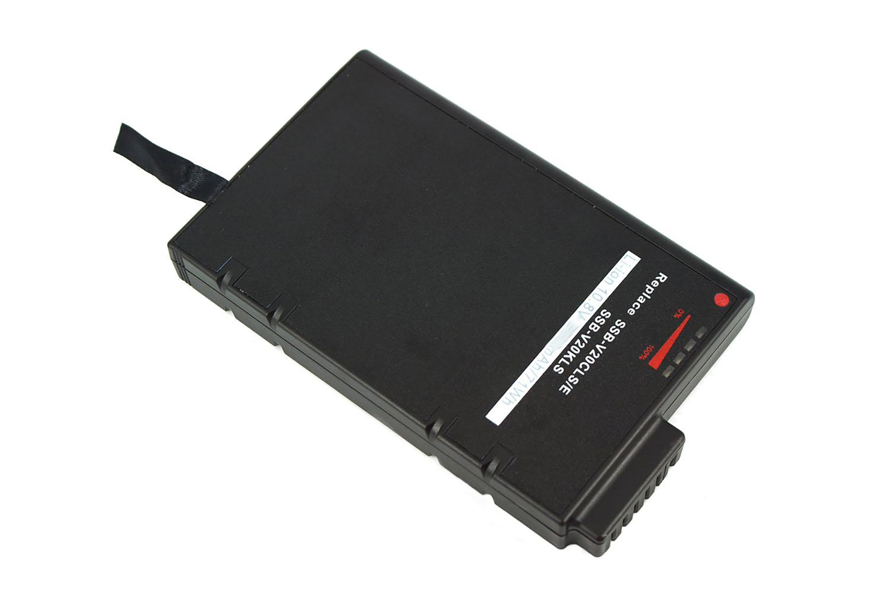 Schwarzer Akku mit Kabel und Ladeanzeige, Beschriftung: Li-ion 10.8V.