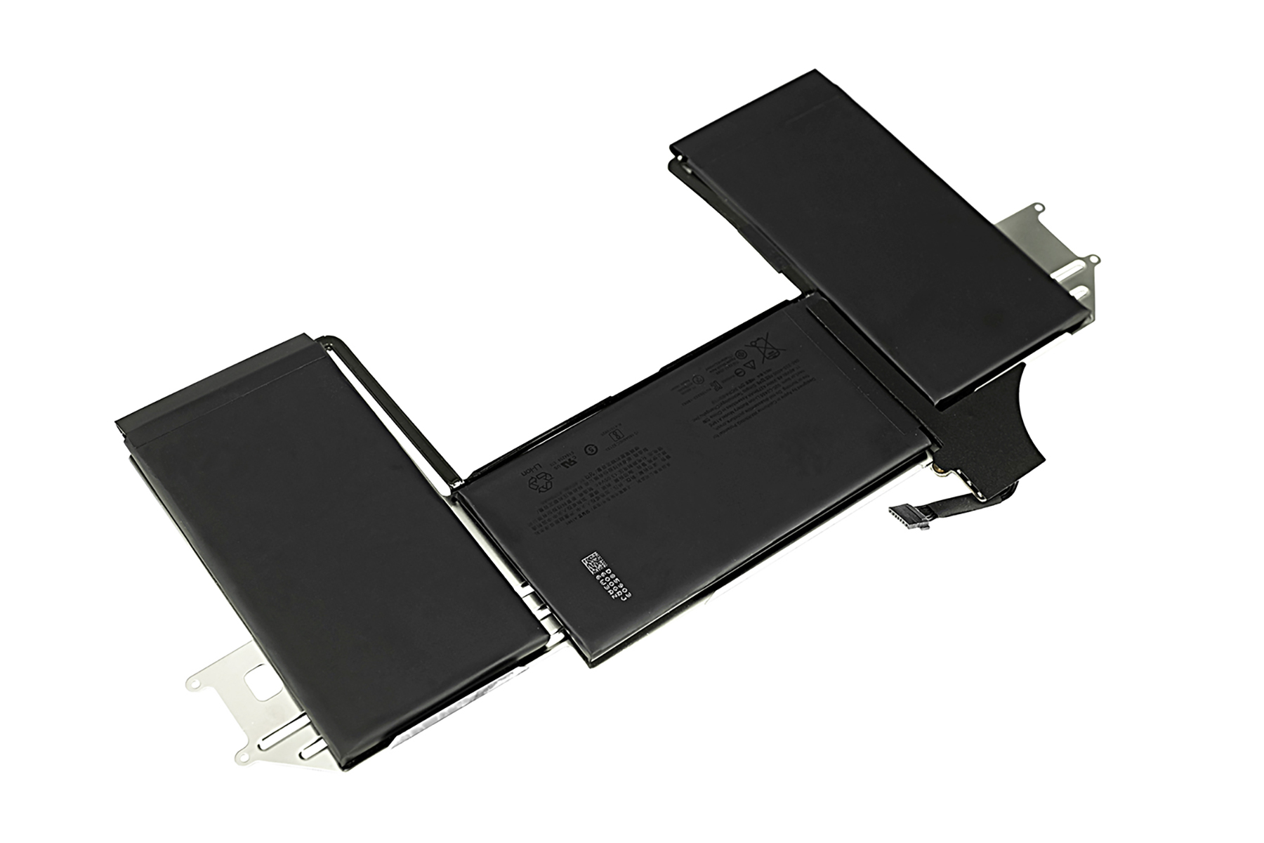 Ein schwarzer Lithium-Ionen-Akku mit Metallhalterungen auf weißem Hintergrund.