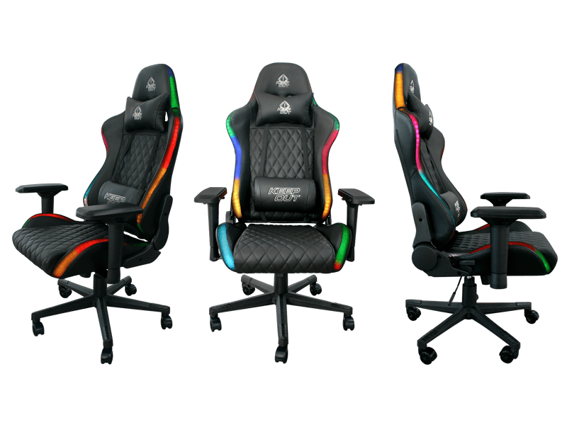 Tre viste di una sedia da gaming nera con illuminazione RGB sui bordi.