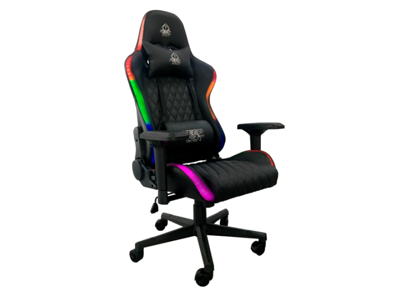 Sedia da gaming nera con LED colorati, braccioli e poggiatesta regolabili.