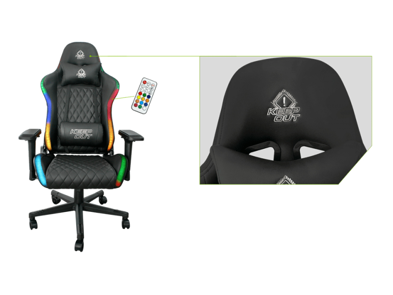 Sedia da gaming nera con illuminazione RGB e telecomando. Logo in alto.