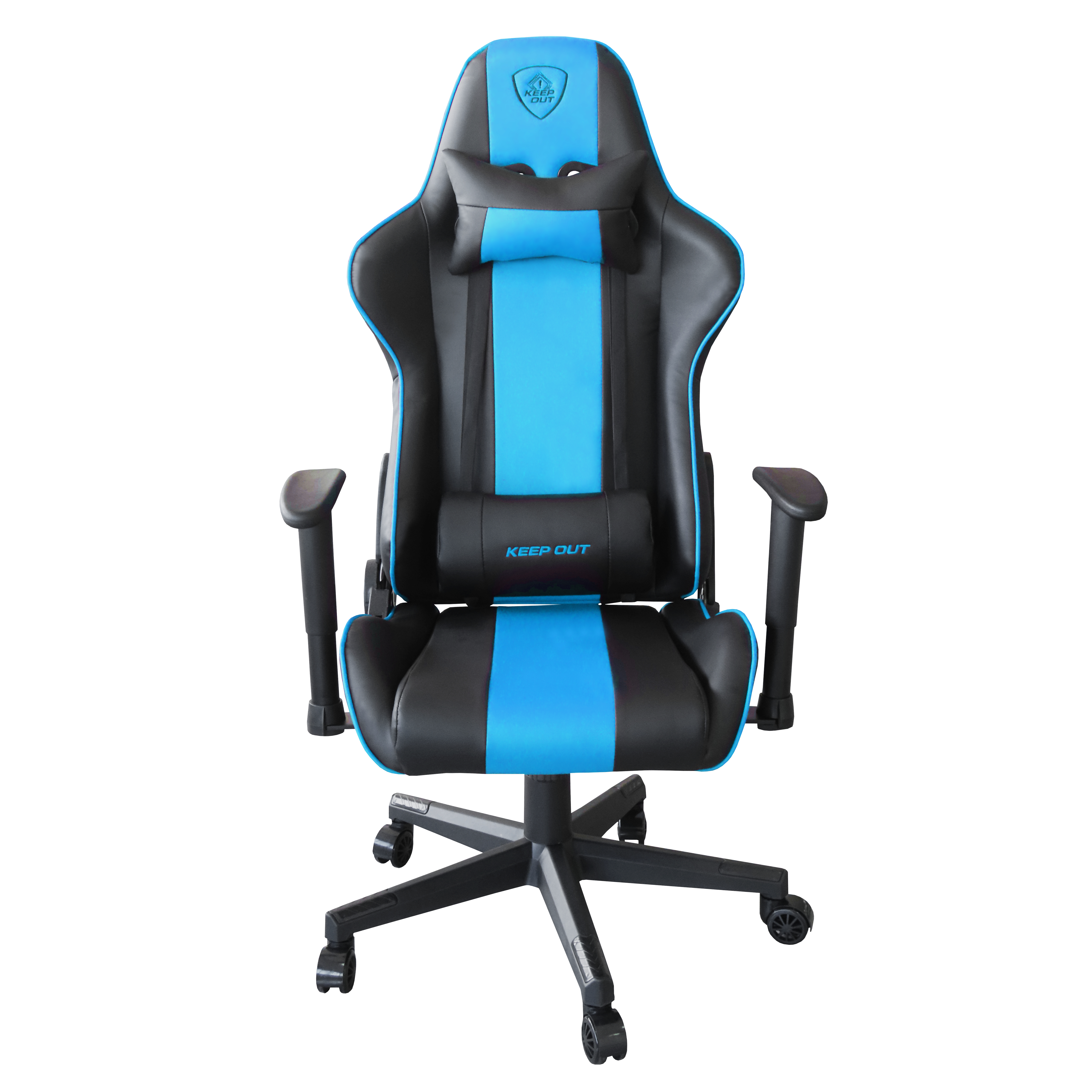Una sedia da gaming nera con accenti blu e cuscino poggiatesta.