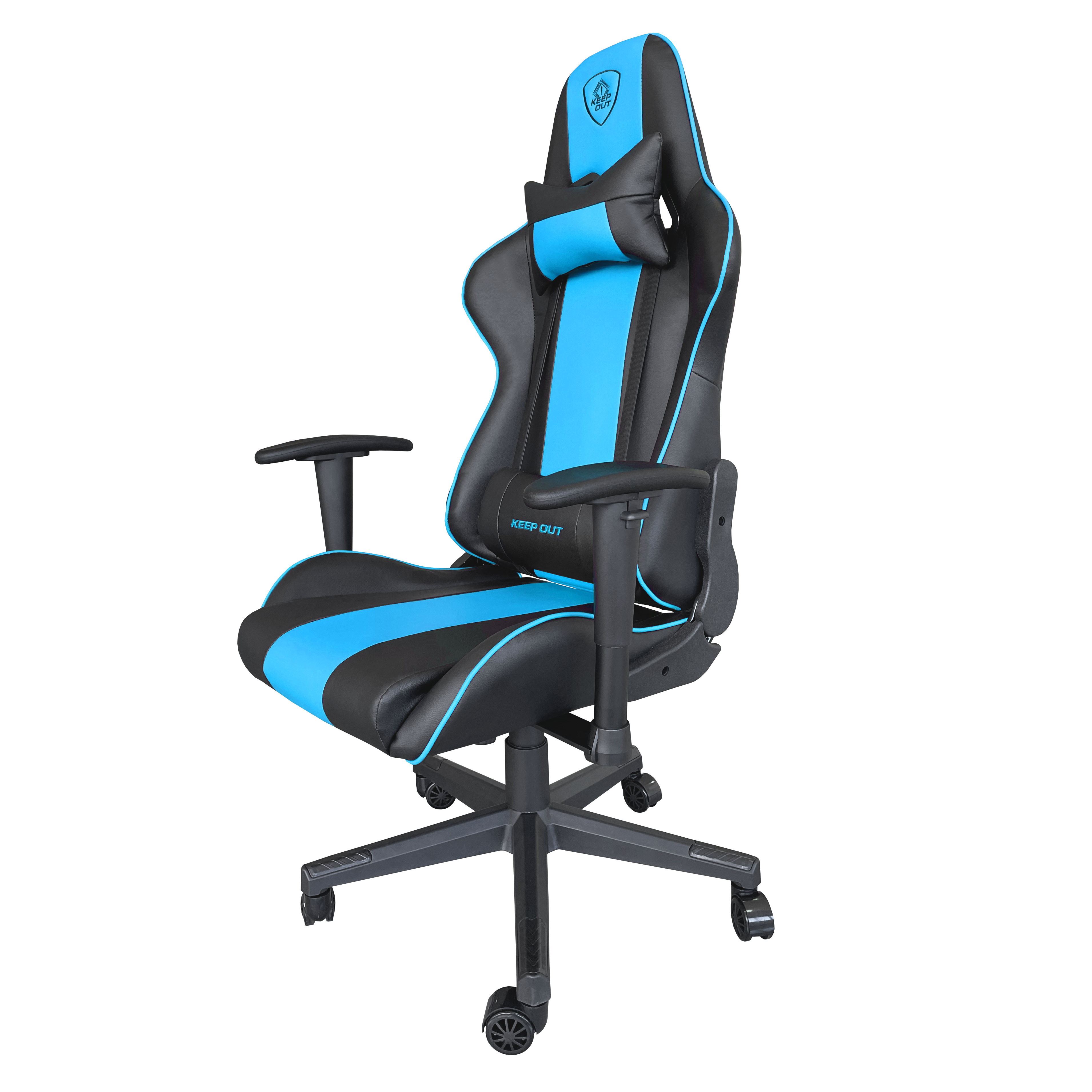 Una sedia da gaming nera e blu con poggiatesta e braccioli.