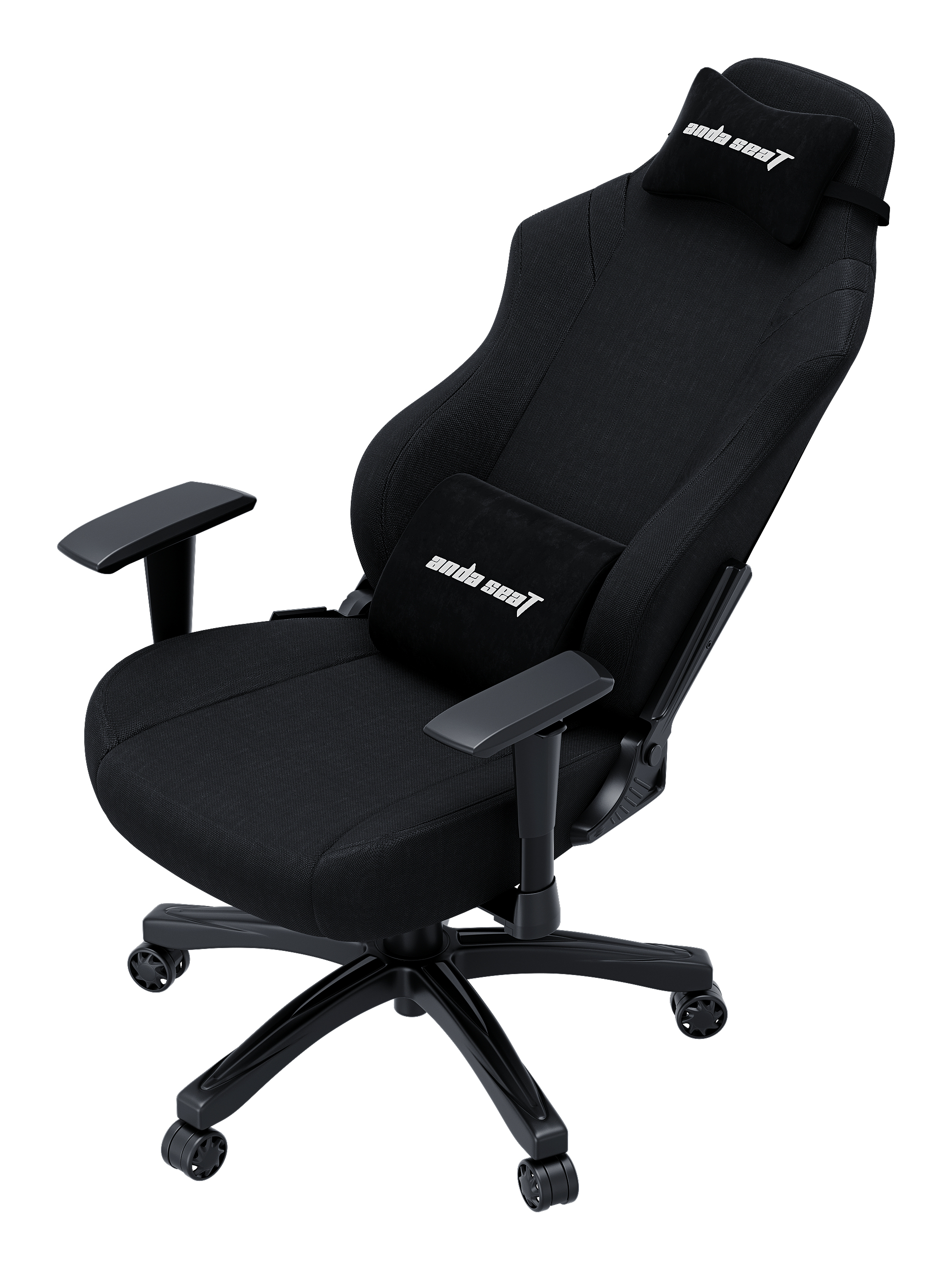 Ein schwarzer Gaming-Stuhl mit einem Kopfkissen und Lendenkissen.
