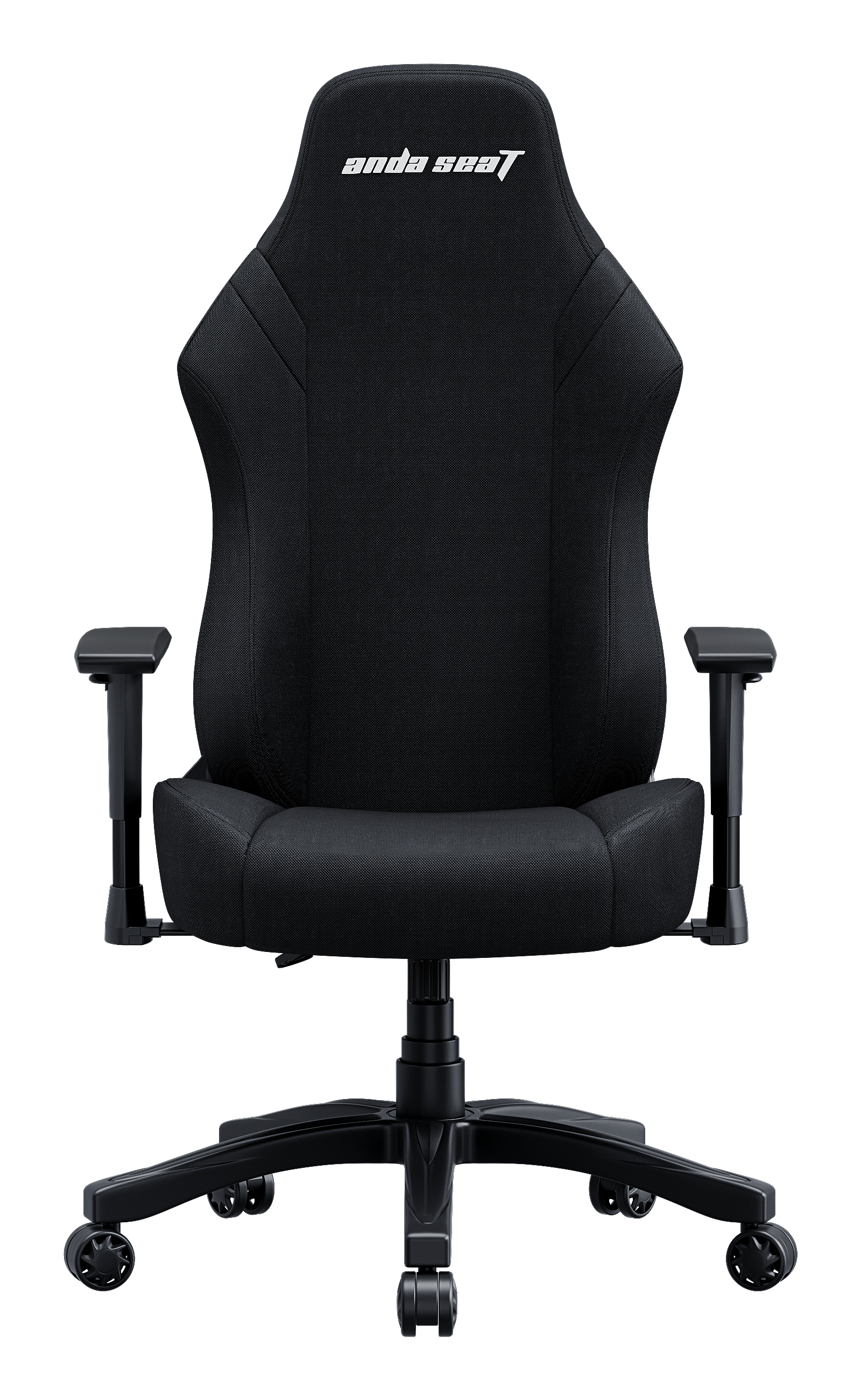 Schwarzer Gaming-Stuhl mit Armlehnen und Rollen, weißem Logo oben.