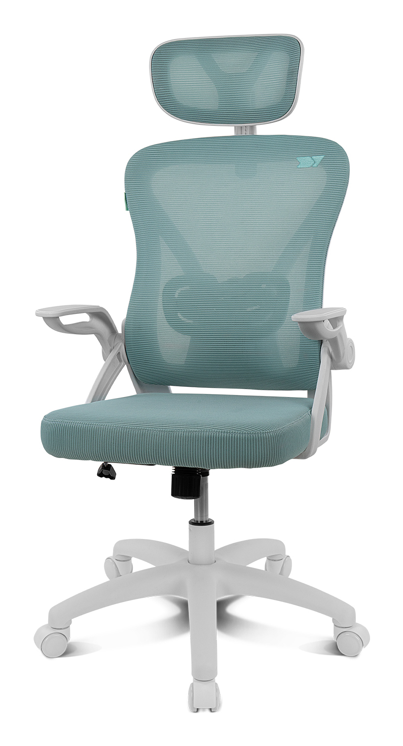 Ergonomiczne krzesło biurowe z zagłówkiem i podłokietnikami, w kolorze turkusowym i białym.