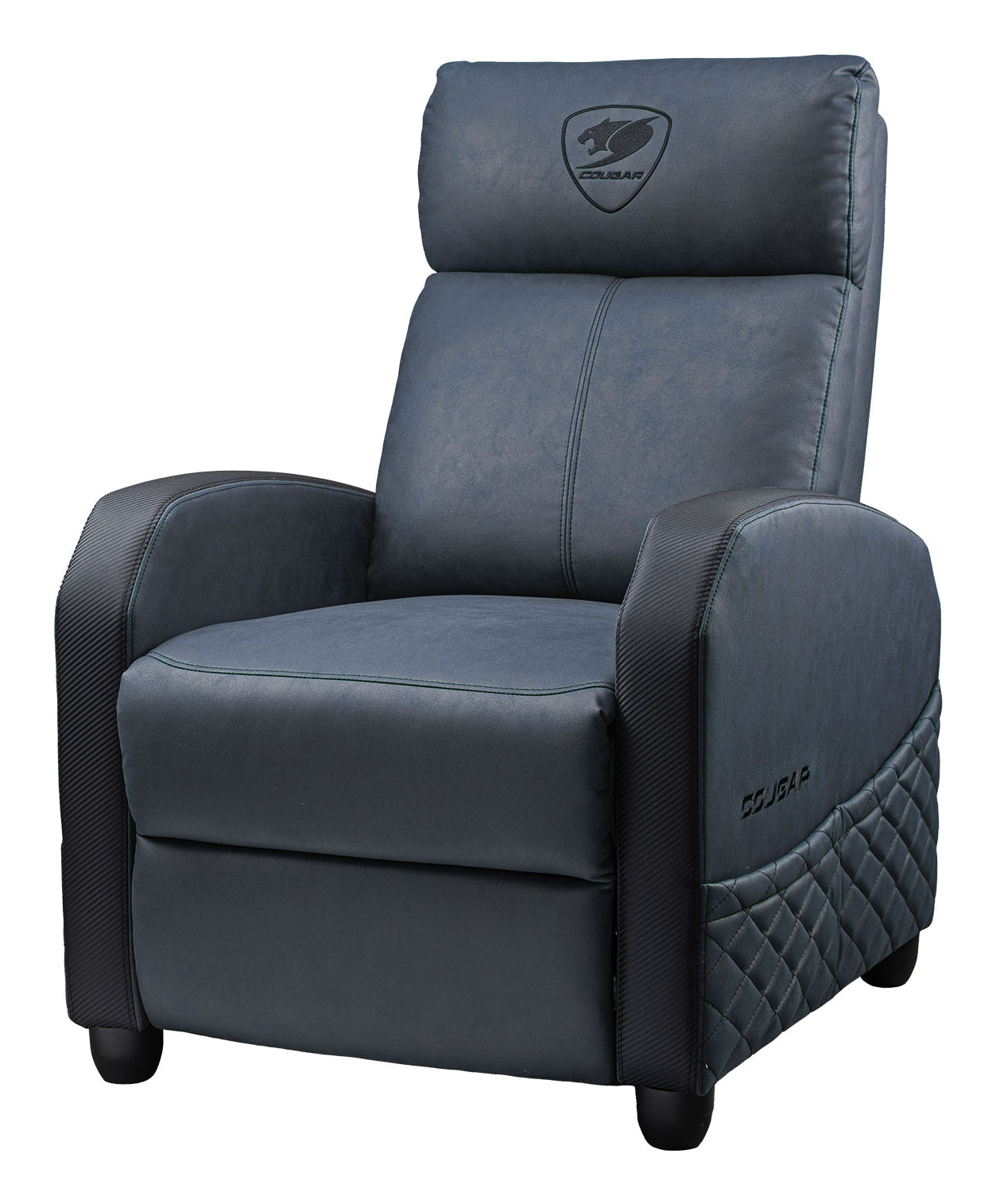 Una poltrona gaming blu scuro con logo Cougar, cuciture e accenti in carbonio.