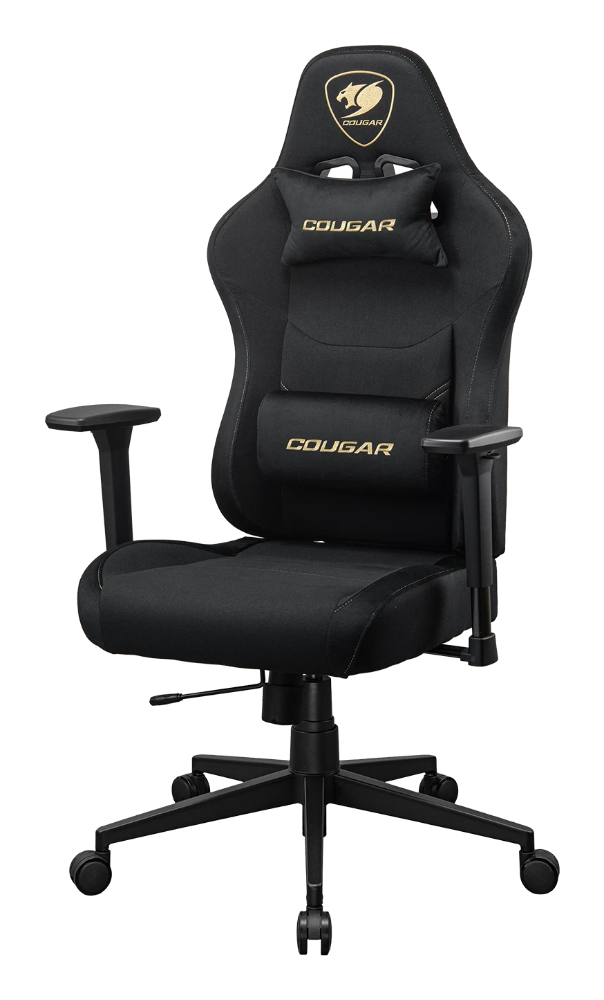 Silla gamer negra con logo dorado y cojines.