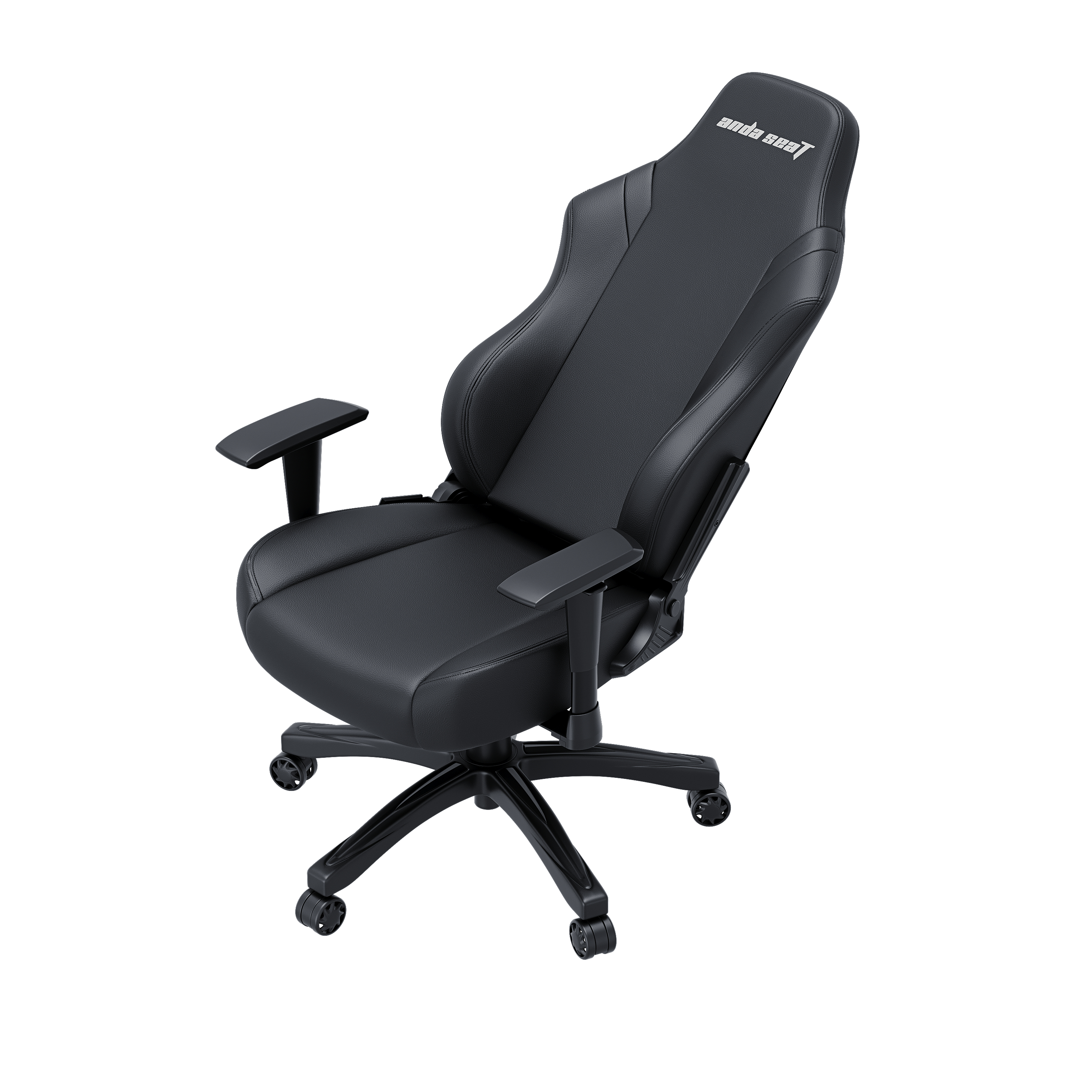 Ein schwarzer Gaming-Stuhl mit Armlehnen, Rädern und dem Logo "Anda Seat" auf der Kopfstütze.