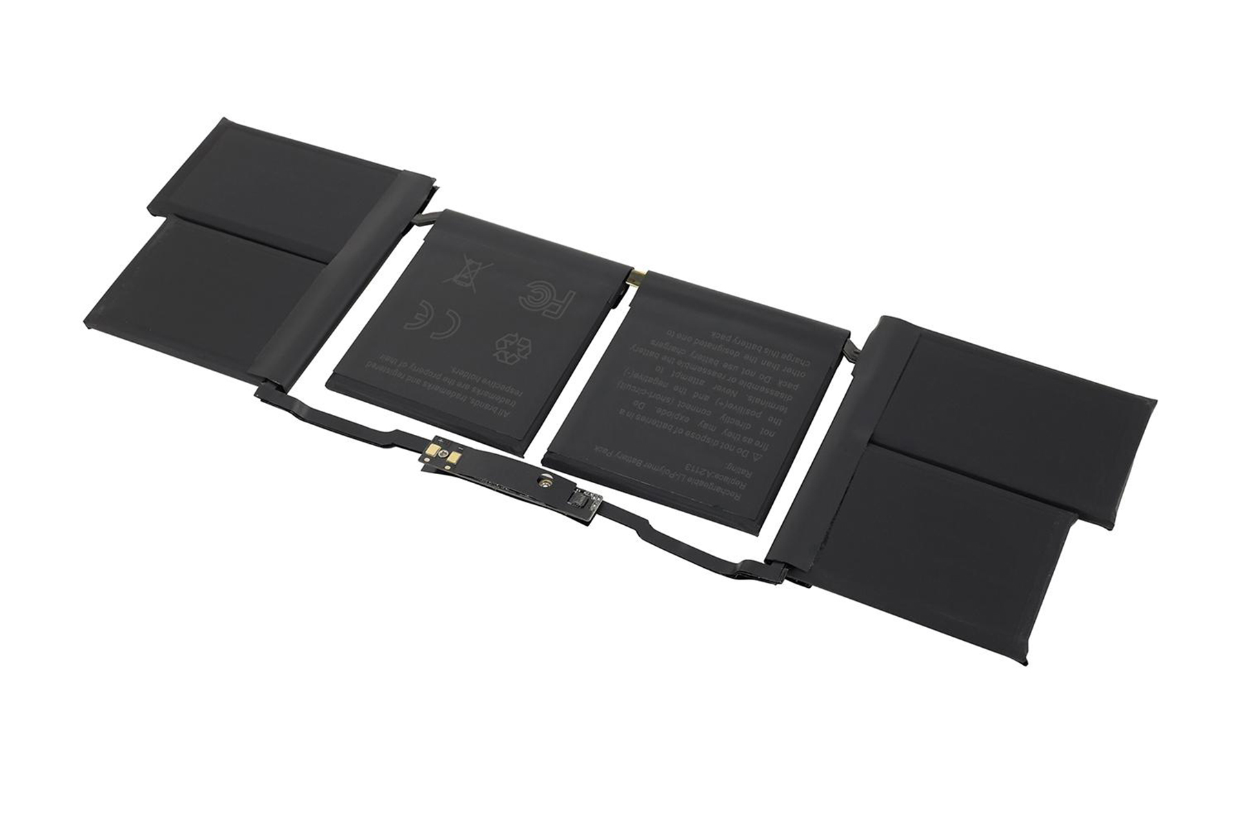 Schwarzer Laptop-Akku mit Kabeln und Beschriftungen auf weißem Hintergrund.