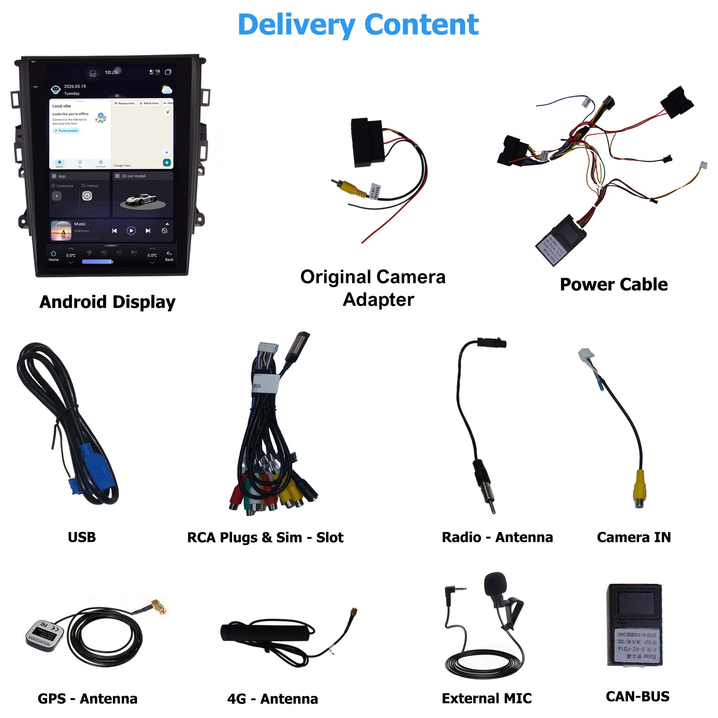 Android-Display, Stromkabel, USB, Cinch-Stecker, Radioantenne, Kamera IN, GPS, 4G, Mikrofon, CAN-BUS.