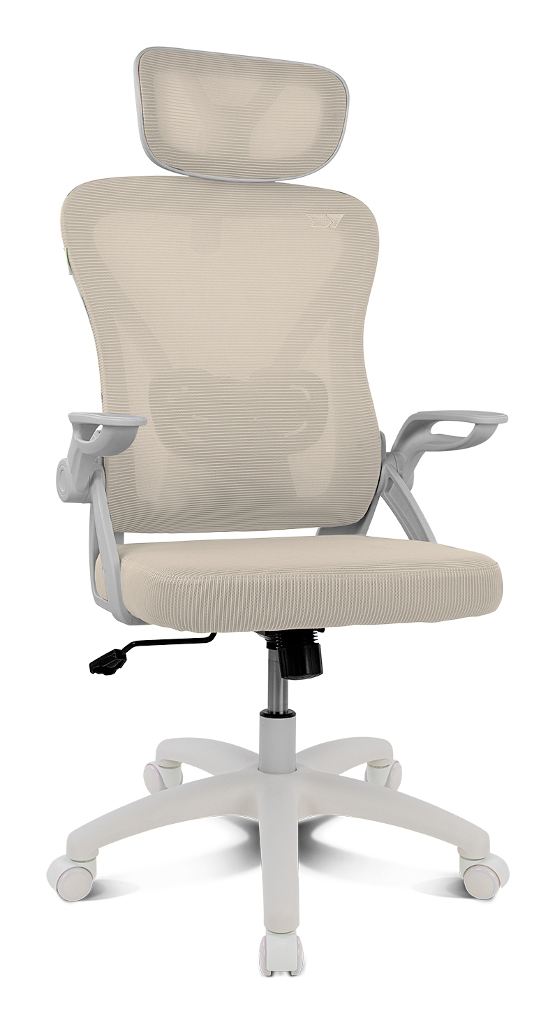 Silla de oficina beige con respaldo de malla y reposacabezas ajustable sobre base blanca.