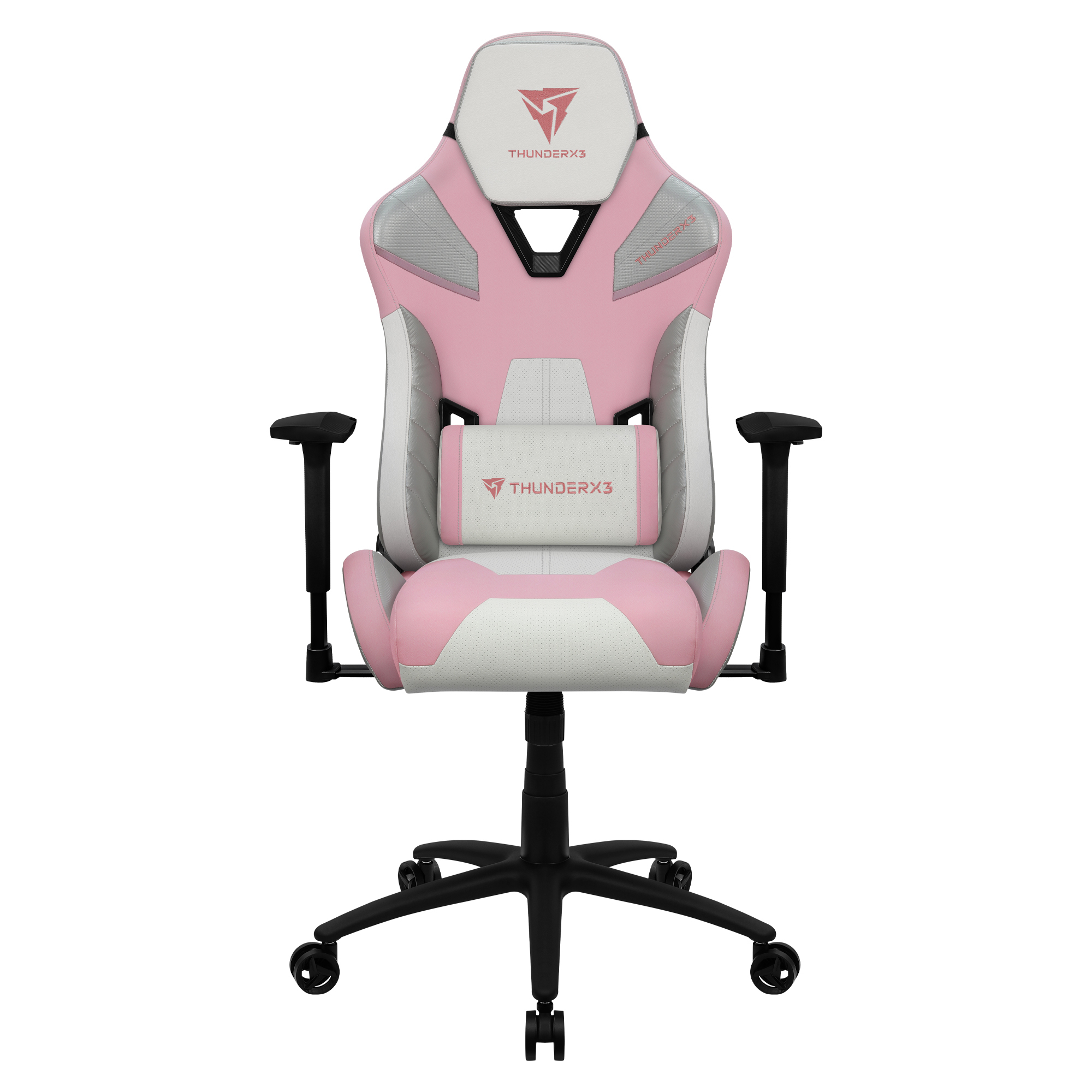 Ein rosafarbener Gaming-Stuhl mit weißem und grauem Akzent, weißem Logo und Rädern.