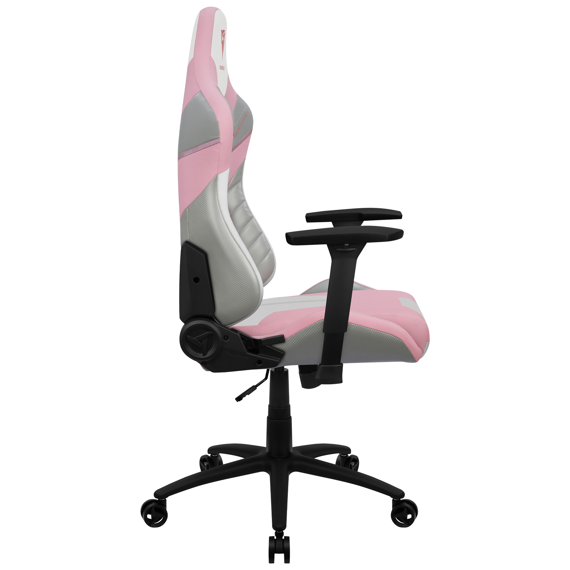 Ein pinker und grauer Gaming-Stuhl mit schwarzen Armlehnen und Rädern.