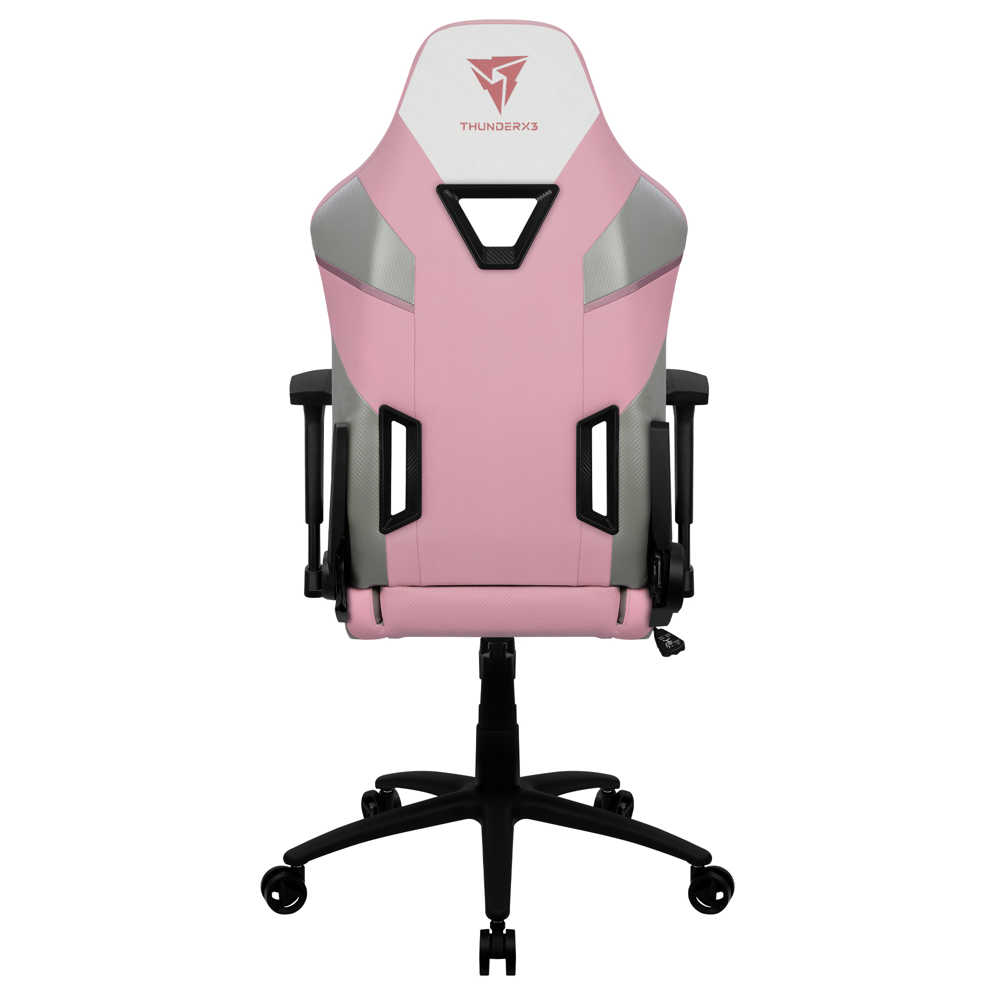 Ein rosa Gaming-Stuhl mit silbernen Akzenten und einem schwarzen Sternfuß mit Rollen.
