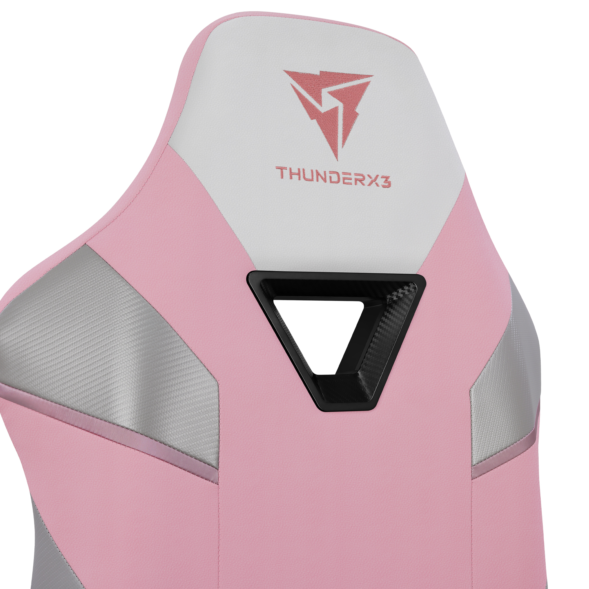 Ein pinker Gamingstuhl mit weißer Rückenlehne und silbernen Akzenten.