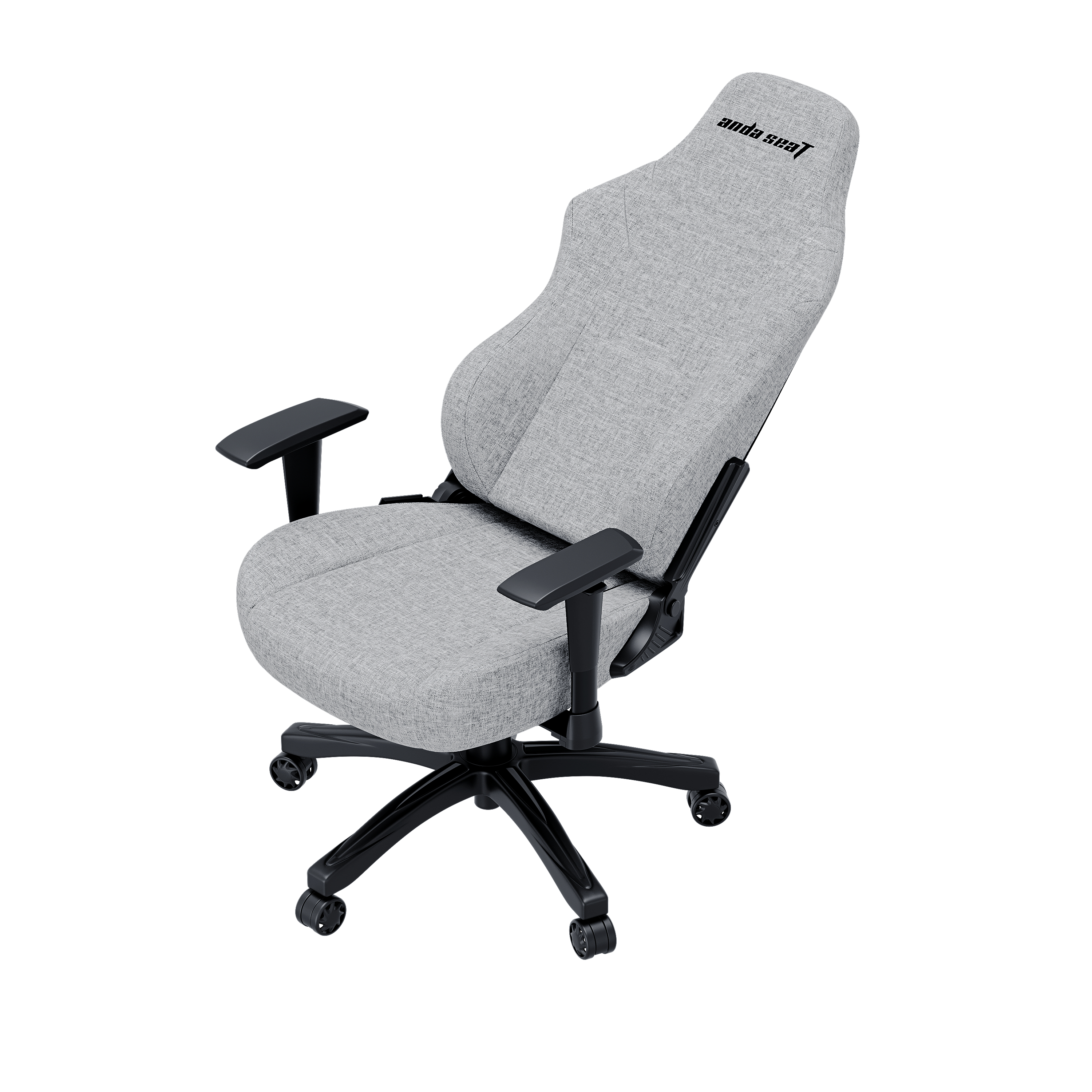 Sedia da gaming grigia in tessuto con base e ruote nere, logo in alto.