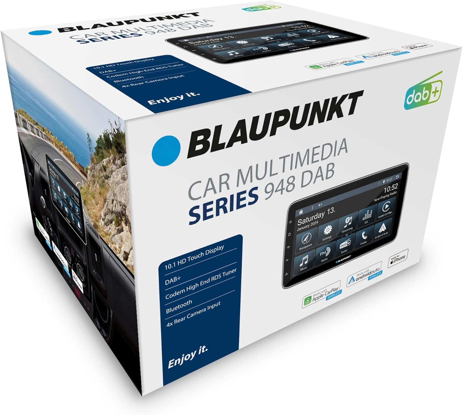 Blaupunkt 948 DAB Autoradio-Verpackung mit Touchscreen-Vorderansicht und Seitenansicht.