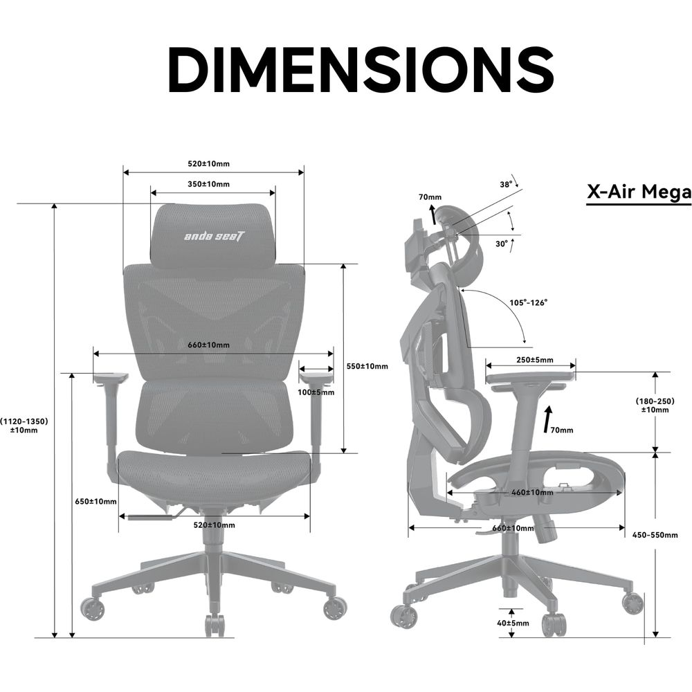Vista frontale e laterale di una sedia nera Anda Seat X-Air Mega con dimensioni.