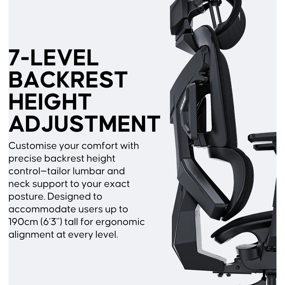 Sedia ergonomica nera con schienale regolabile, testo evidenzia regolazione altezza 7 livelli.