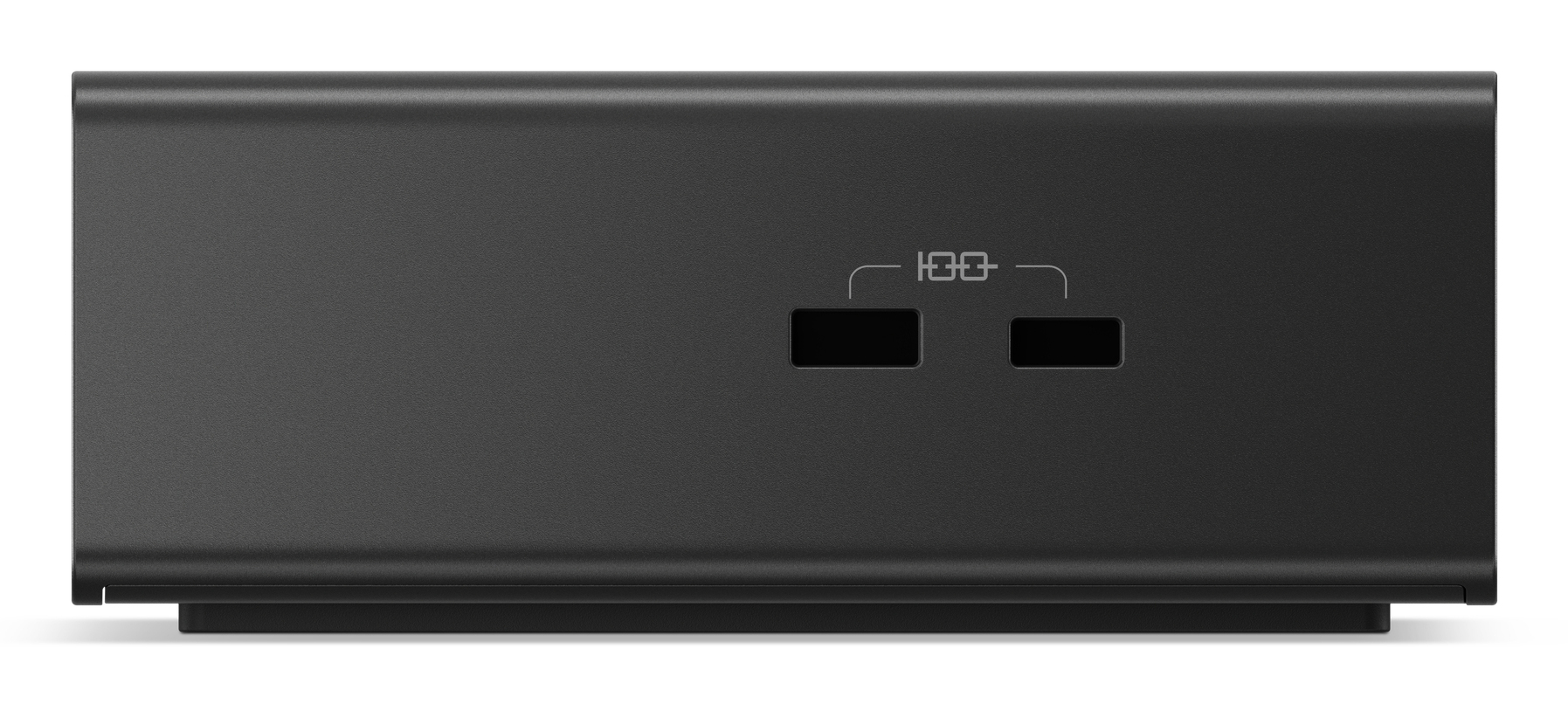 Appareil rectangulaire noir avec deux ports USB et un symbole.