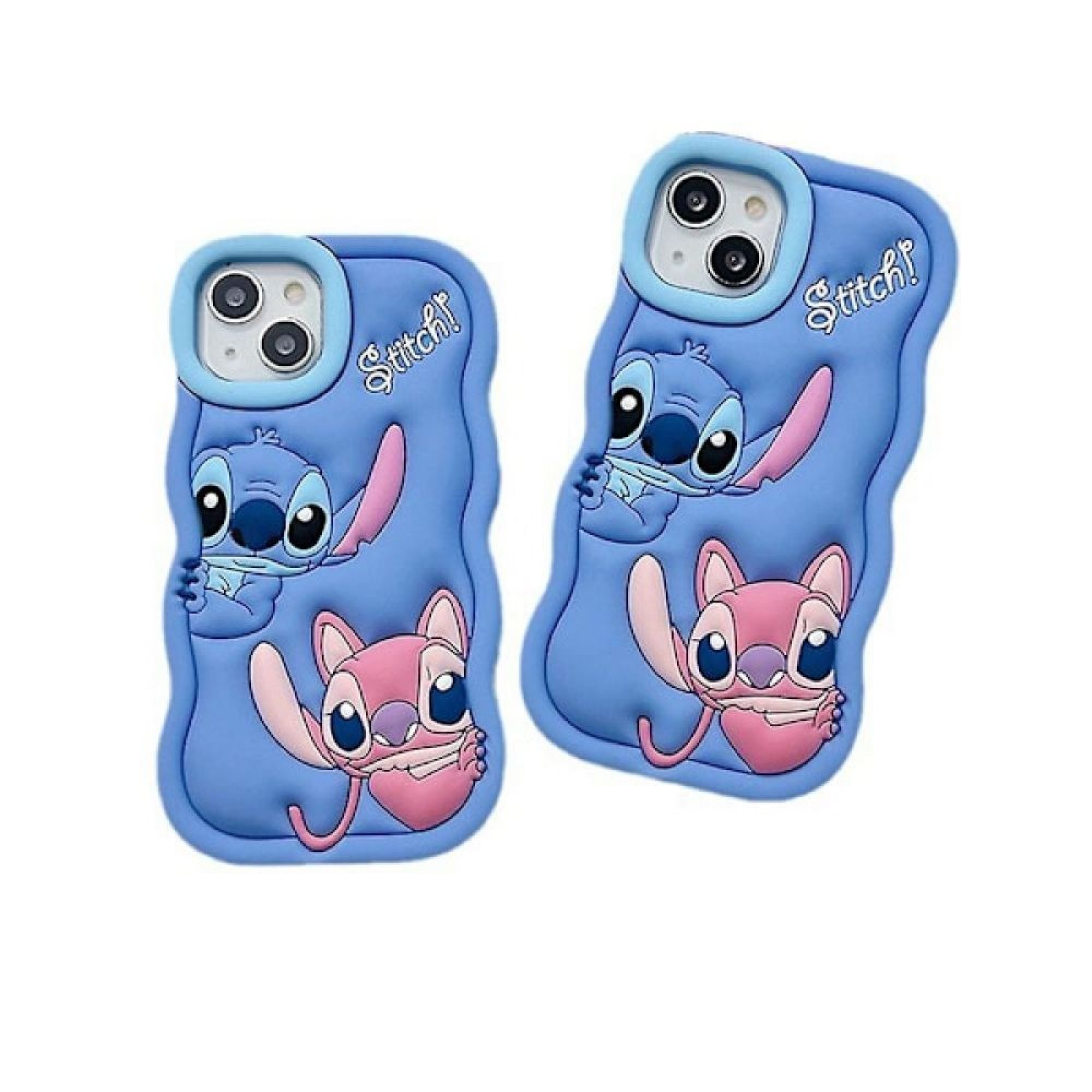 Zwei blaue Handyhüllen mit Stitch und Angel, die auf dem Rücken liegen.