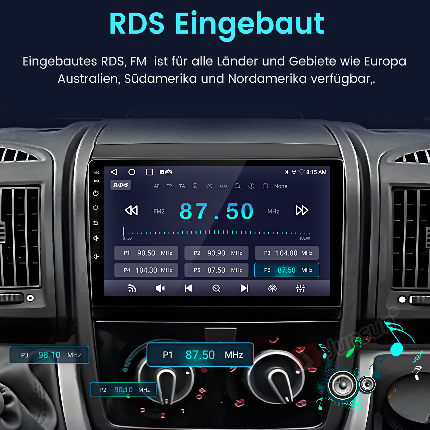 Einbau-Autoradio mit RDS-Anzeige, zeigt FM-Frequenz 87.50 MHz.