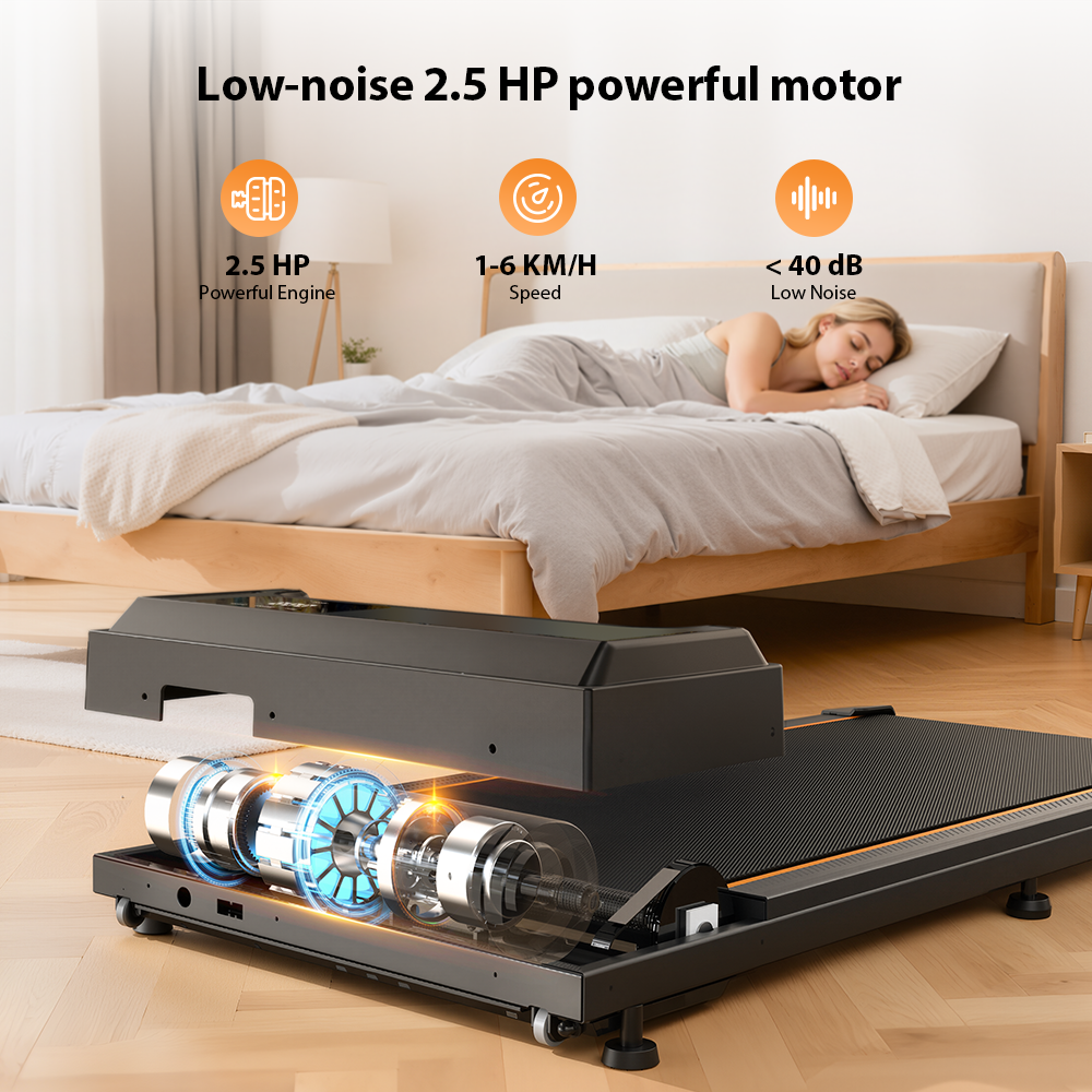 Ein Laufbandmotor mit 2,5 PS und geringem Geräuschpegel wird neben einem Bett gezeigt.