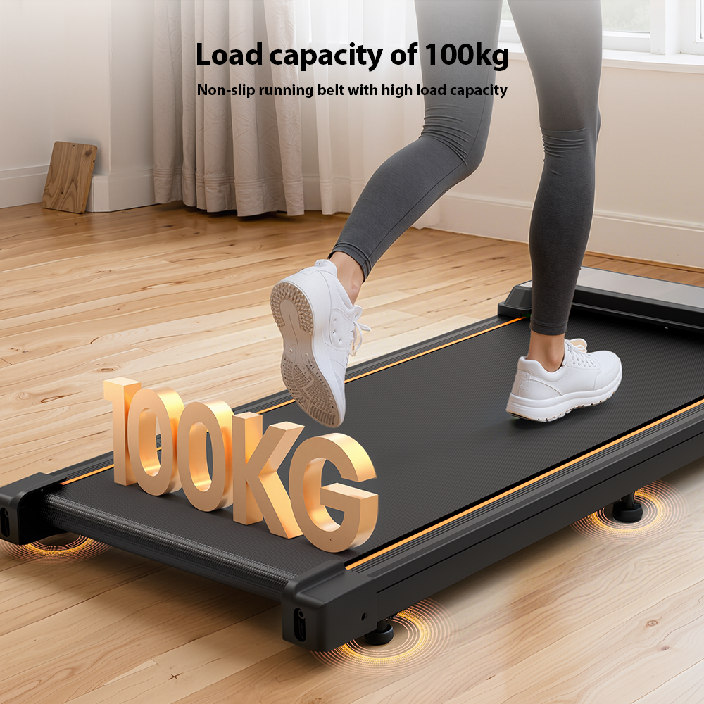 Person auf Laufband mit 100 kg Lastenkapazitätsanzeige.